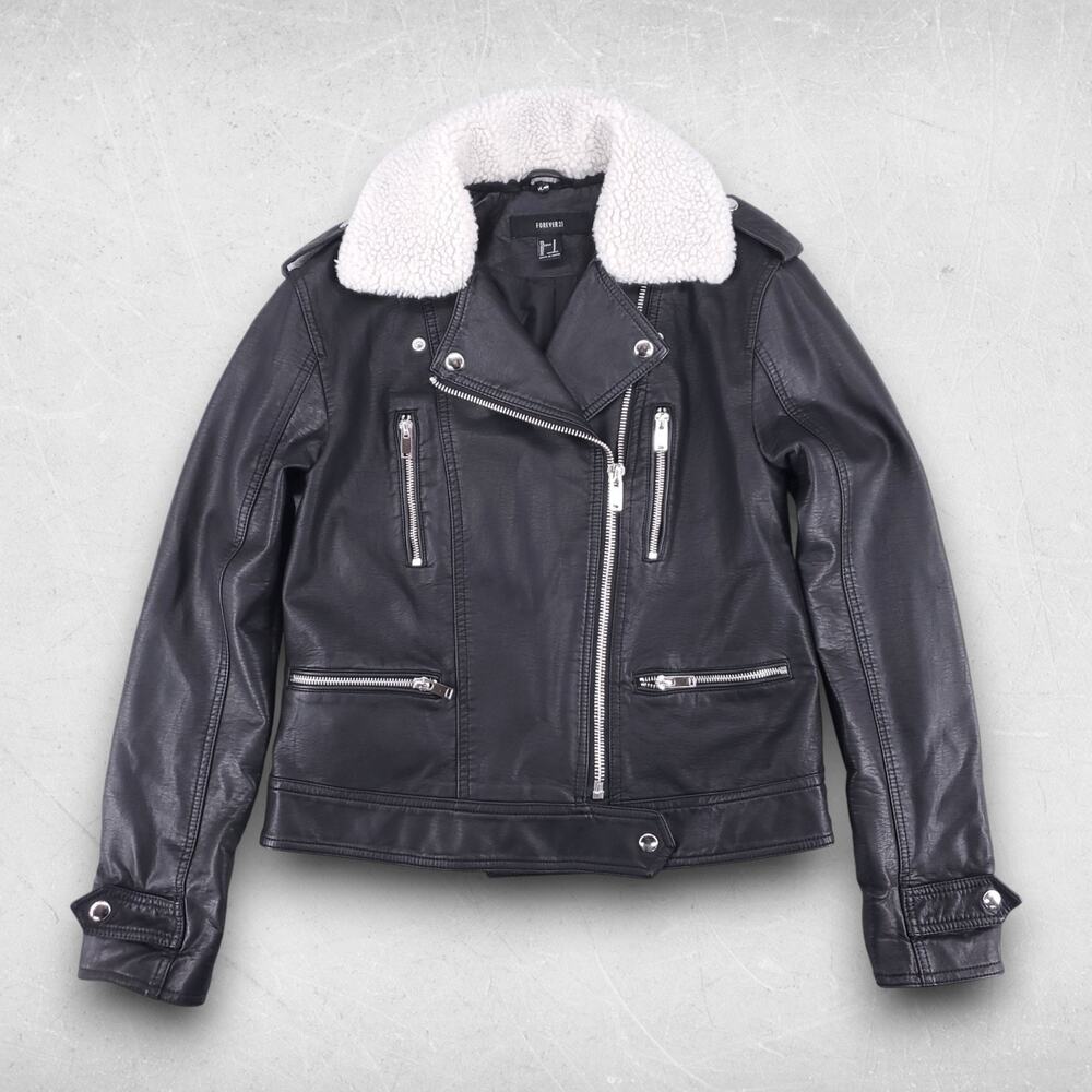 Forever 21 Biker Jacket Women S Blackโ Faux Leather Removable Sherpa Grunge Y2K